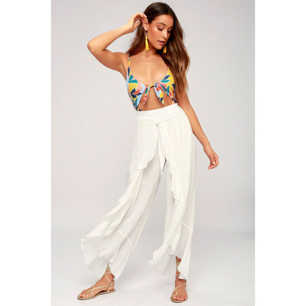 Lulus Peyton White Sheer Tie-front Cover-up Wide-leg Pants - Size XS